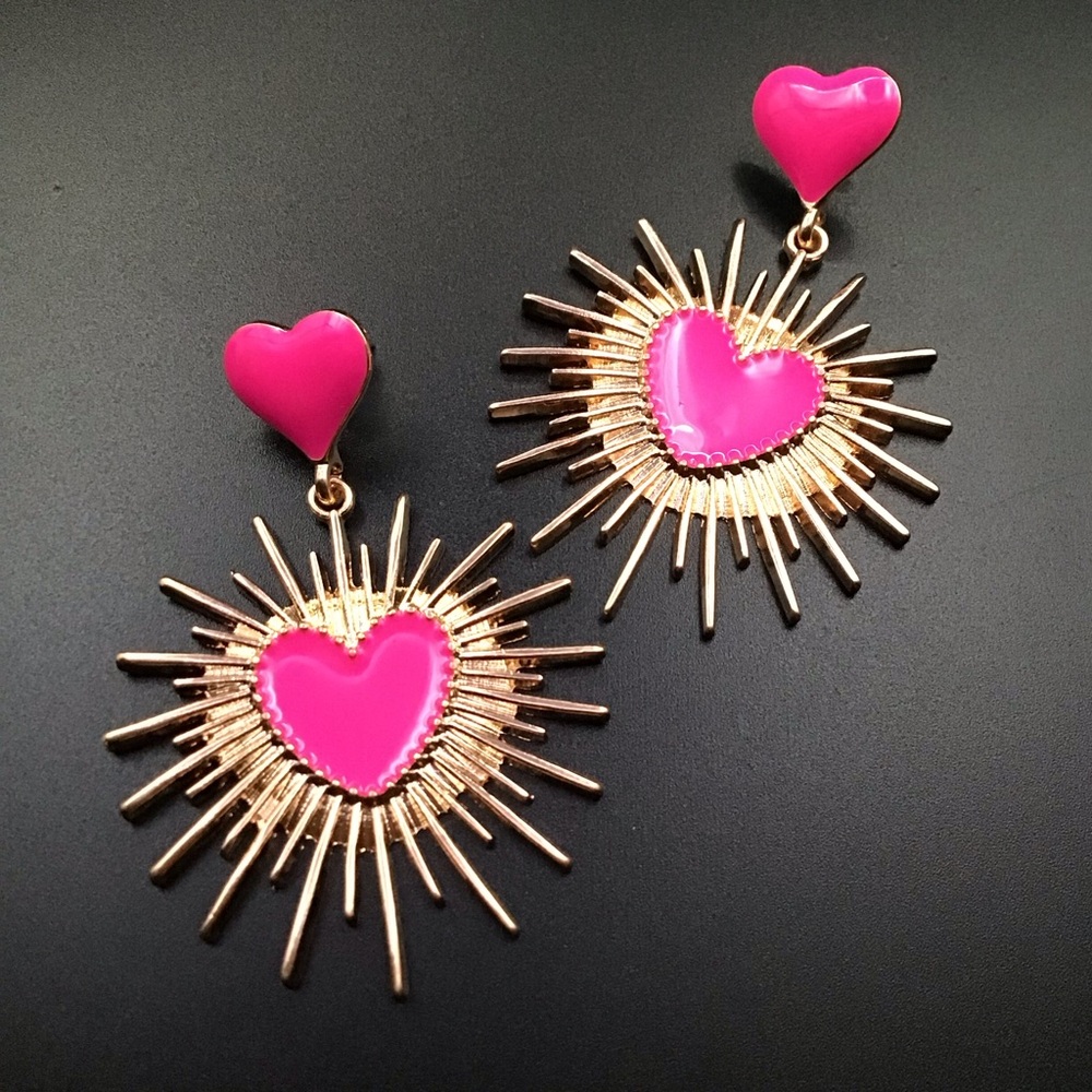 Pink Heart Sunburst Earrings